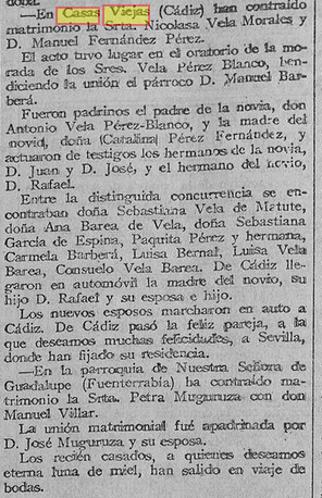 Enlace matrimonial de Nicolasa Vela y Manuel Fernández