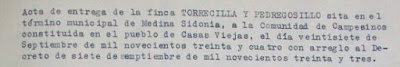 Acta de entrega de Pedregosillo y Torrecillas